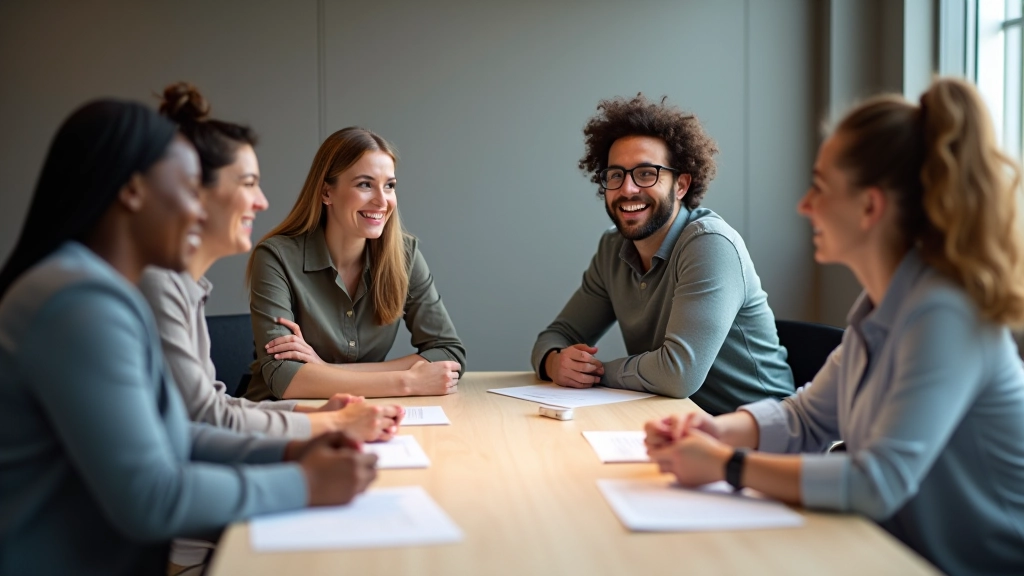 Équipe diverse réunie autour d'une table, montrant l'engagement, la confiance et la communication positive dans un environnement collaboratif