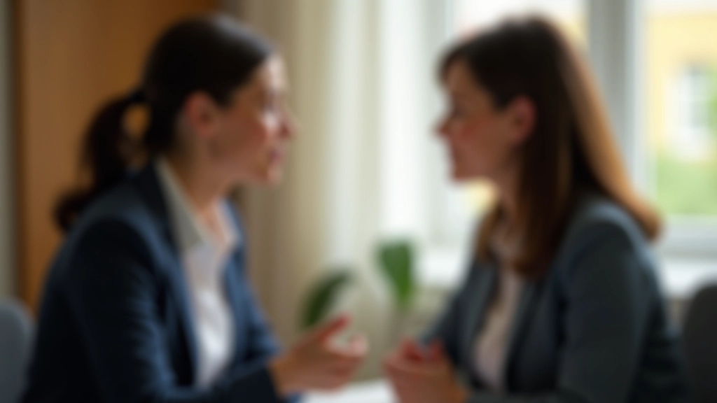 Deux adultes en conversation face à face, montrant une communication assertive et respectueuse