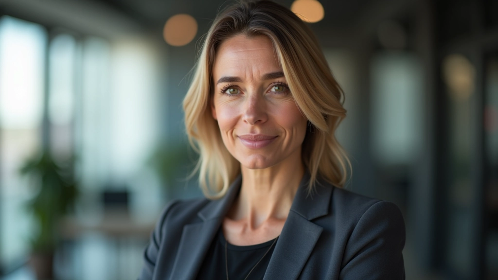 Femme en conversation constructive, expression calme et confiante, environnement professionnel moderne