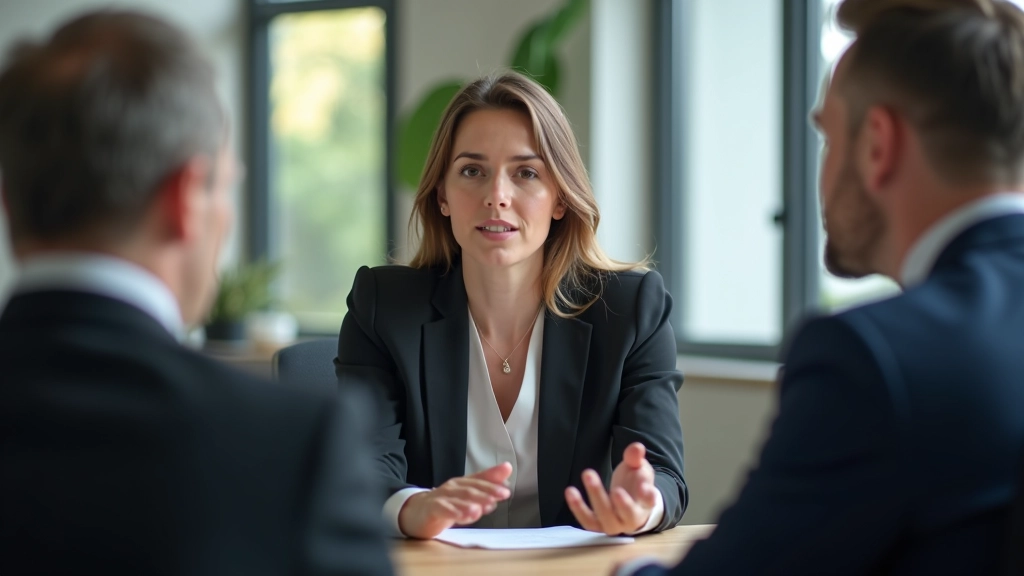 Femme professionnelle en réunion, écoutant attentivement ses collègues avec une expression confiante